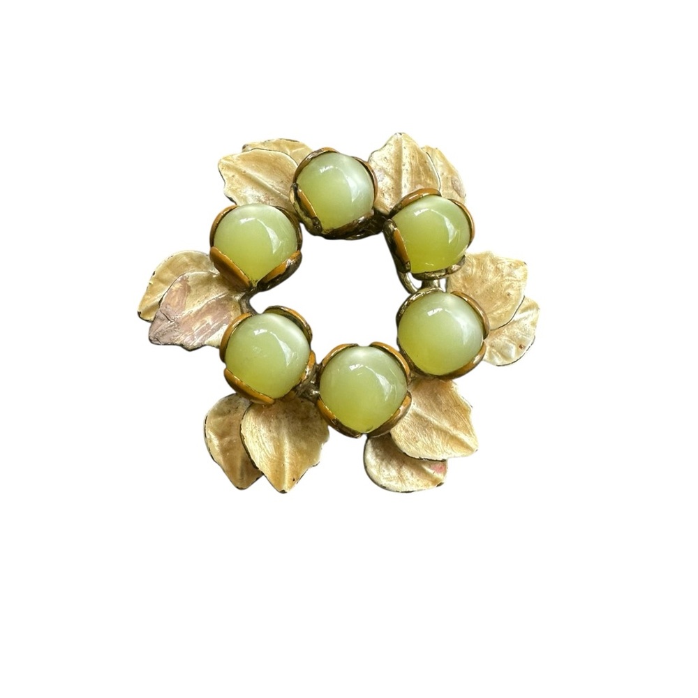 Vintage Leaf Berry Green Thermoset Beaded Brooch